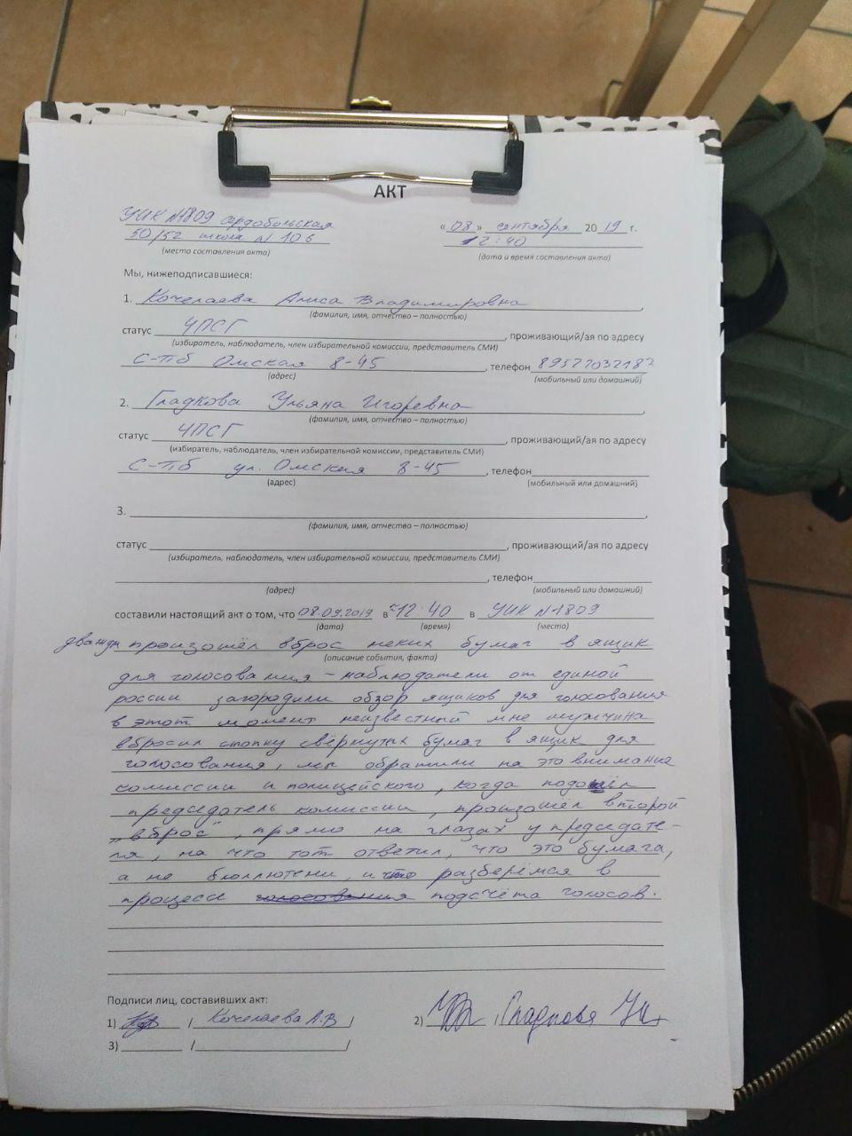 Наблюдатели увидели вброс бюллетеней в Выборгском районе Петербурга